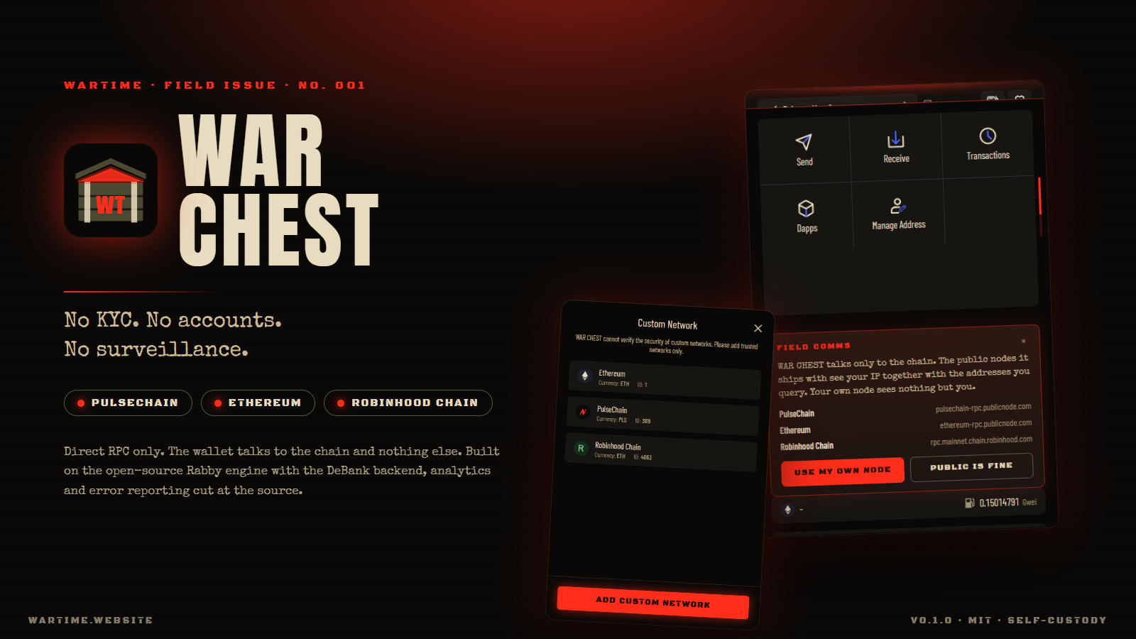 WAR CHEST wallet dashboard and network list